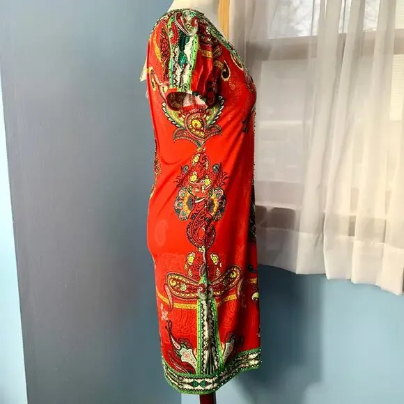 NWT ECI Red Paisley Dress with Beading Size 2 - Picture 6 of 9